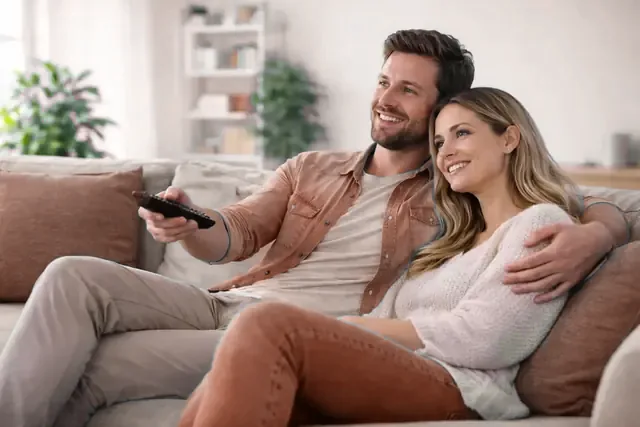 A household settling in to watch MYTIVIFLIX on the main television