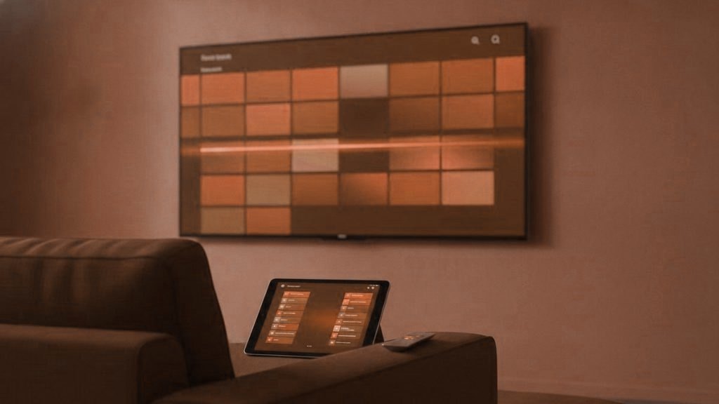 A TV showing a programme guide grid with a tablet and phone showing channel lists on a sofa