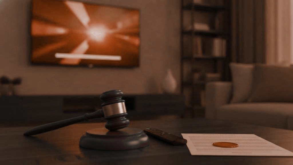 A judge gavel, a streaming remote and a sealed document on a coffee table in front of a TV