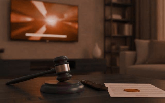 A judge gavel, a streaming remote and a sealed document on a coffee table in front of a TV