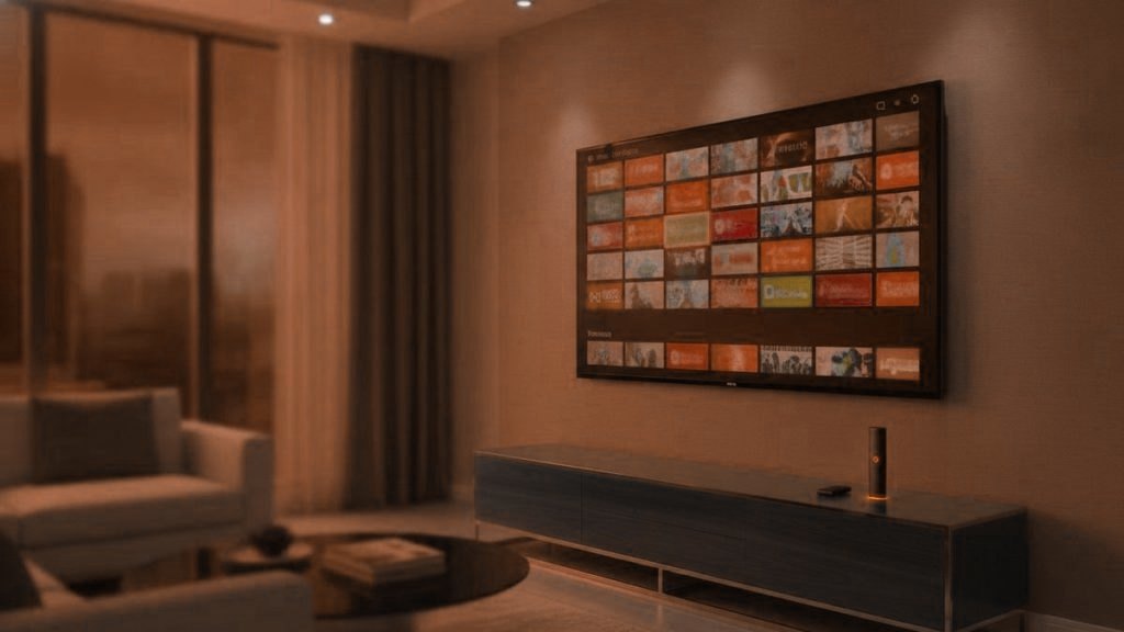 A living-room TV showing an IPTV channel guide with a streaming stick on the console