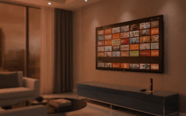 A living-room TV showing an IPTV channel guide with a streaming stick on the console